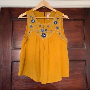 Alya Sleeveless Gold & Blue Embroidered Floral Top